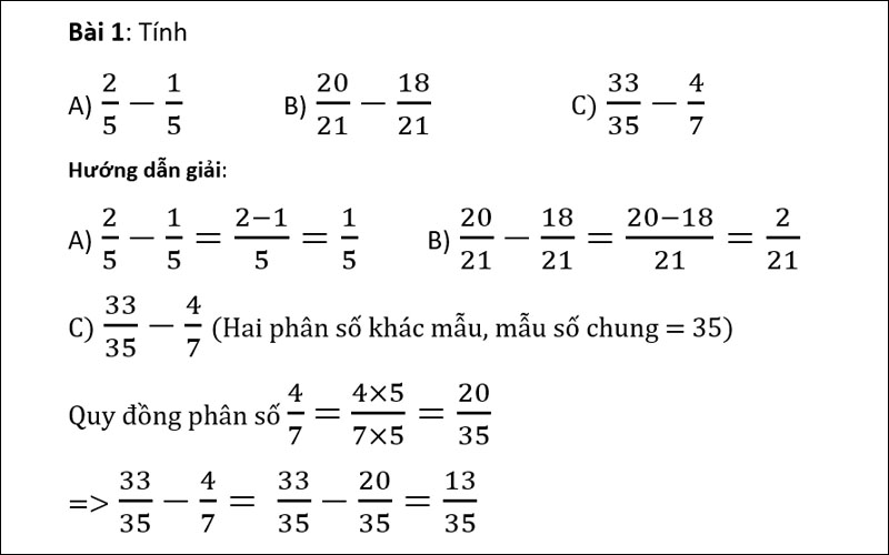 Bài tập 1 về phép trừ phân số